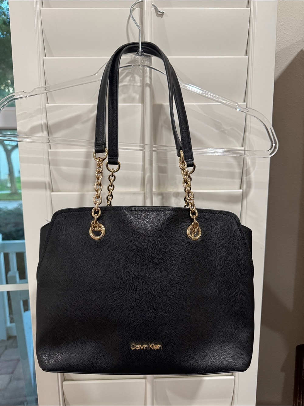 Calvin Klein Black Pebbled Shoulder Bag with Gold Chain Straps